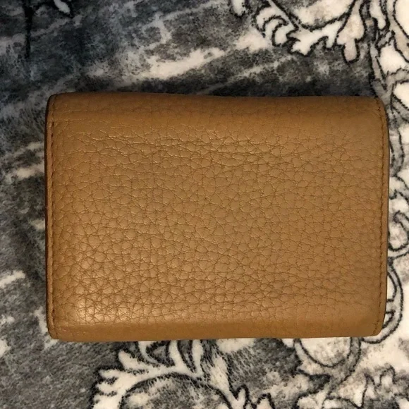 Prada AUTHENTIC Tan Leather Orange Interior Trifold Gold Logo Compact Wallet - Picture 6 of 16